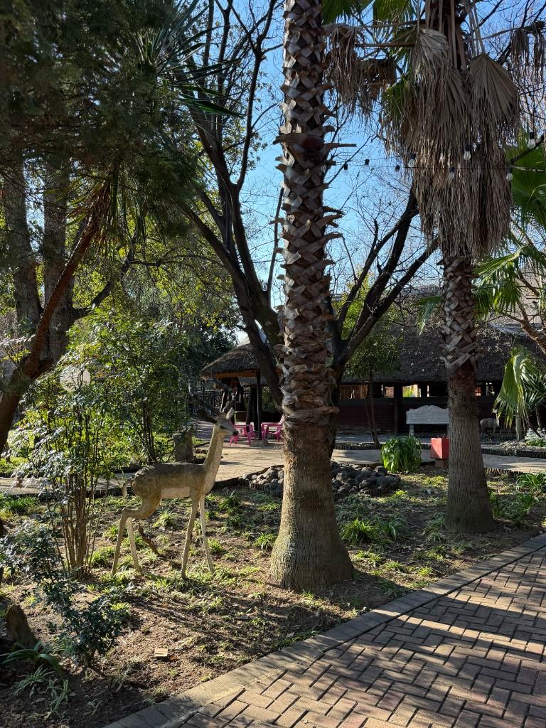 Garden path with palms and thatched lodge