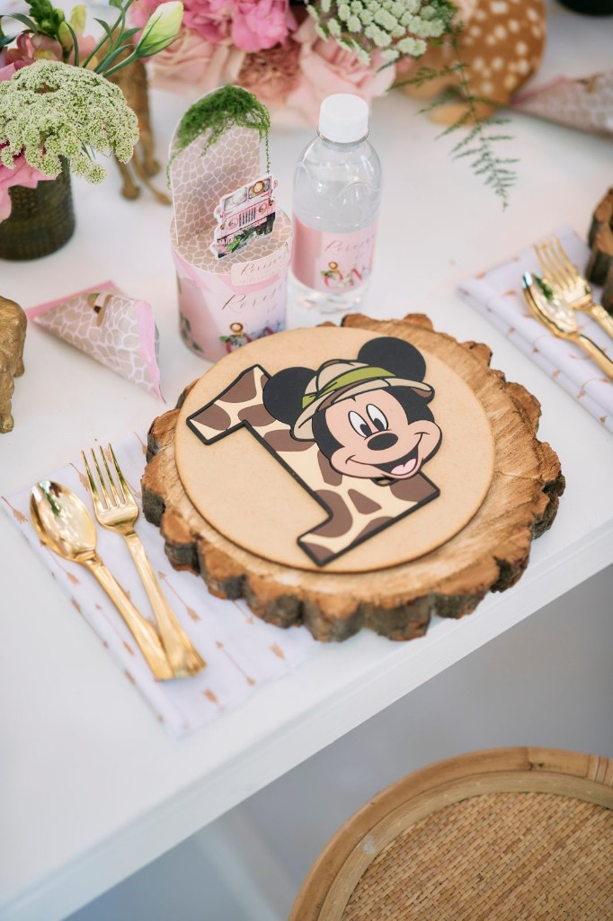 Safari Mickey first birthday place setting with giraffe-print number one